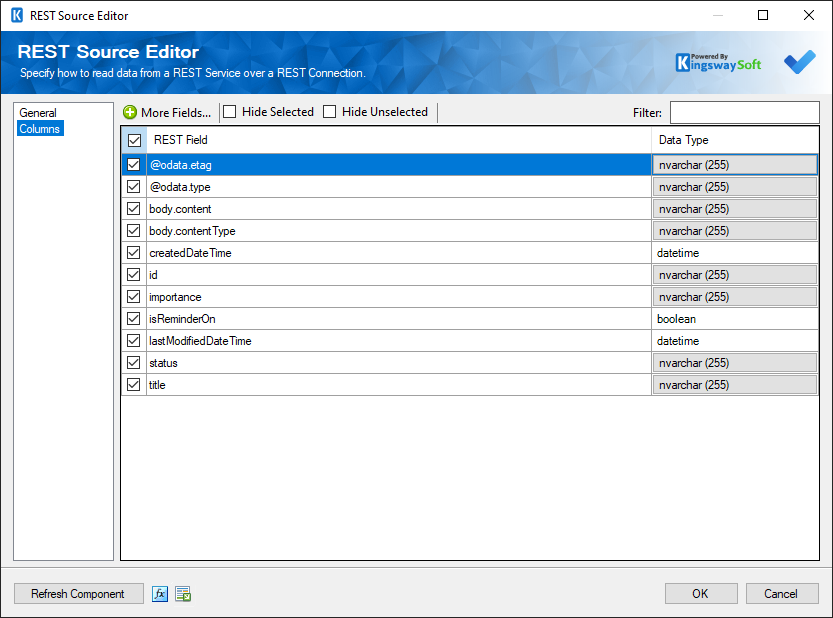 SSIS Microsoft To Do Source Component - Columns